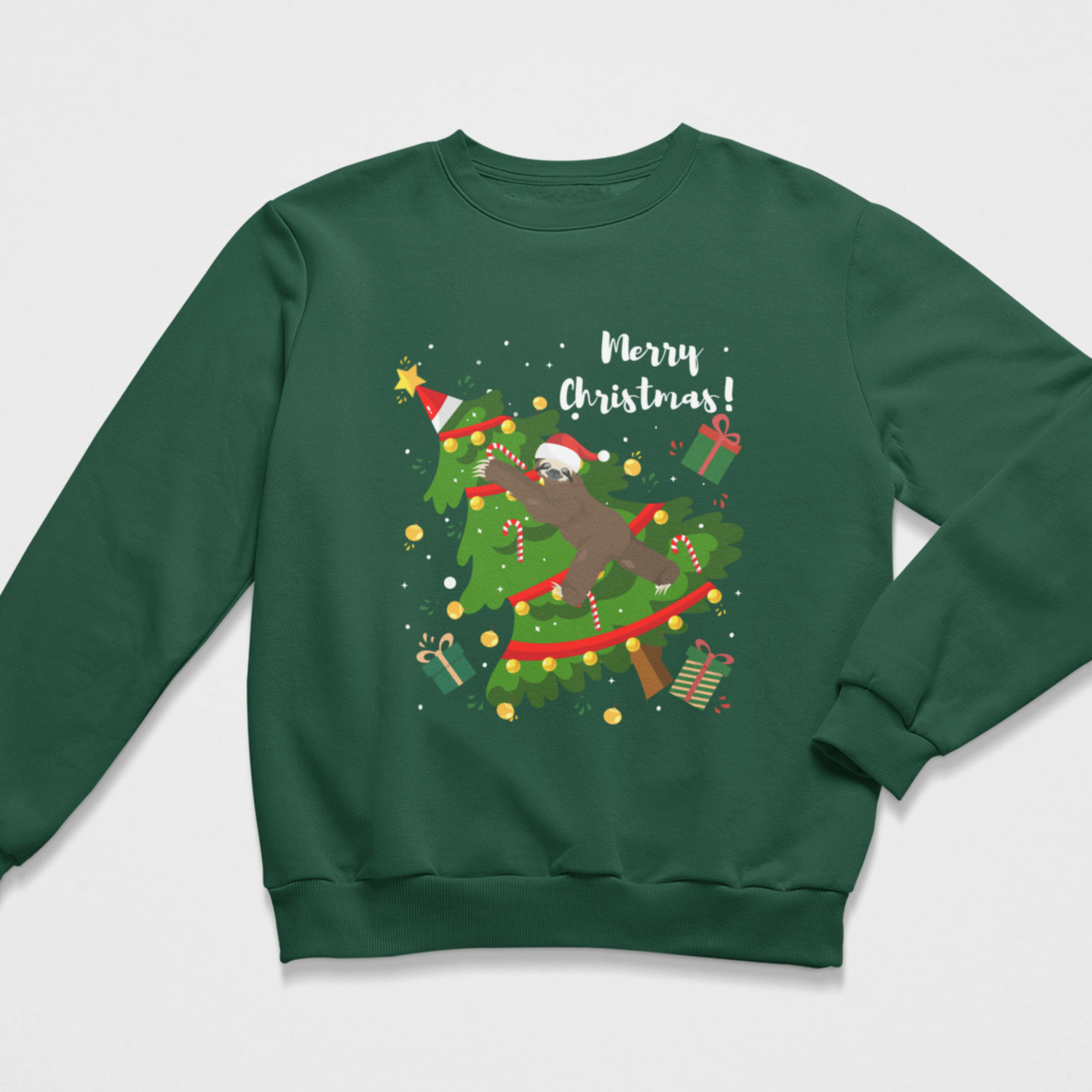 Dark green kids Christmas jumper featuring a sloth in a Santa hat climbing through a decorated Christmas tree with presents, candy canes and Merry Christmas text