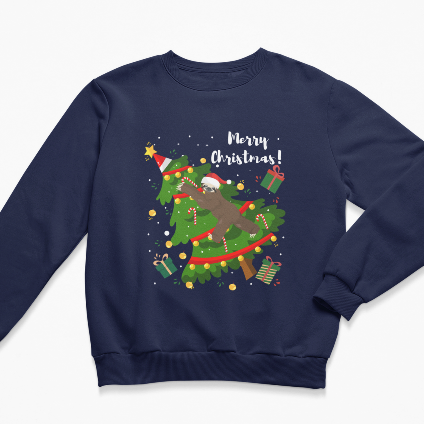 Navy kids Christmas jumper featuring a sloth in a Santa hat climbing through a decorated Christmas tree with presents, candy canes and Merry Christmas text