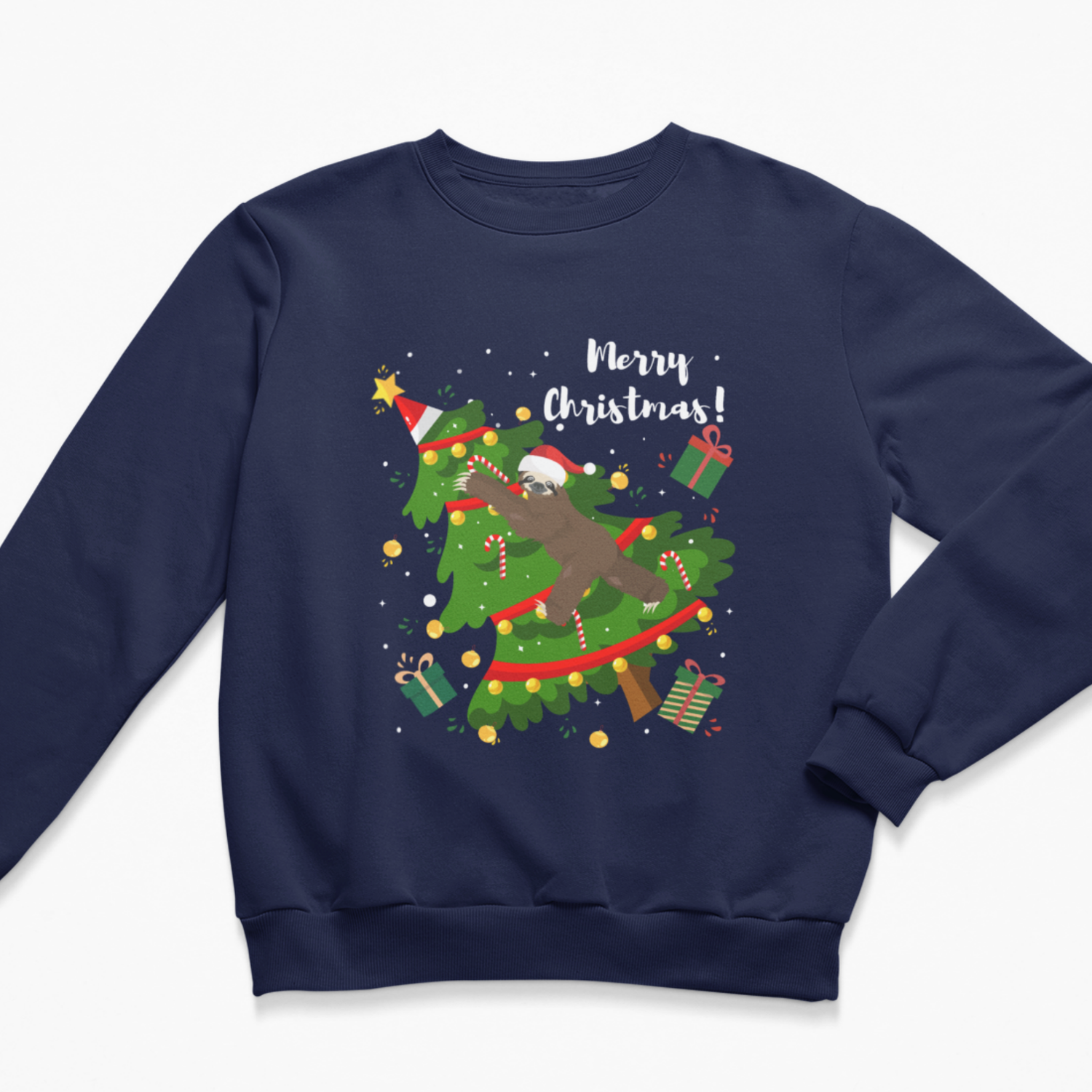 Navy kids Christmas jumper featuring a sloth in a Santa hat climbing through a decorated Christmas tree with presents, candy canes and Merry Christmas text