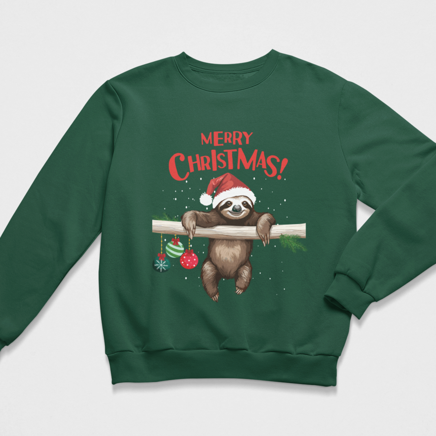 A kids dark green crewneck sweatshirt featuring a festive graphic of a sloth wearing a Santa hat and hanging from a tree branch with 'MERRY CHRISTMAS!' printed above it.