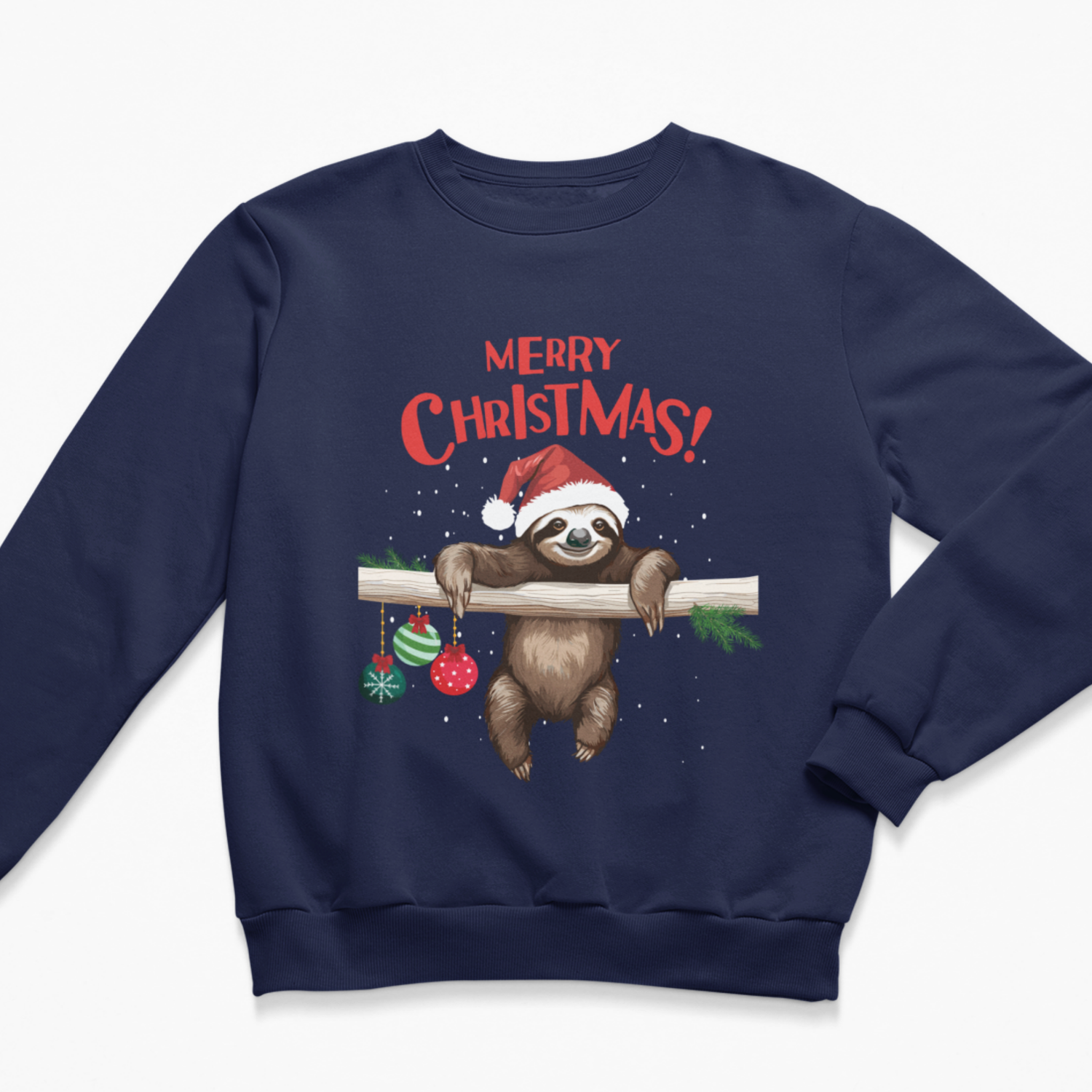 A kids navy blue crewneck sweatshirt featuring a festive Christmas graphic of a sloth hanging from a branch, wearing a Santa hat, with red 'MERRY CHRISTMAS!' text above.
