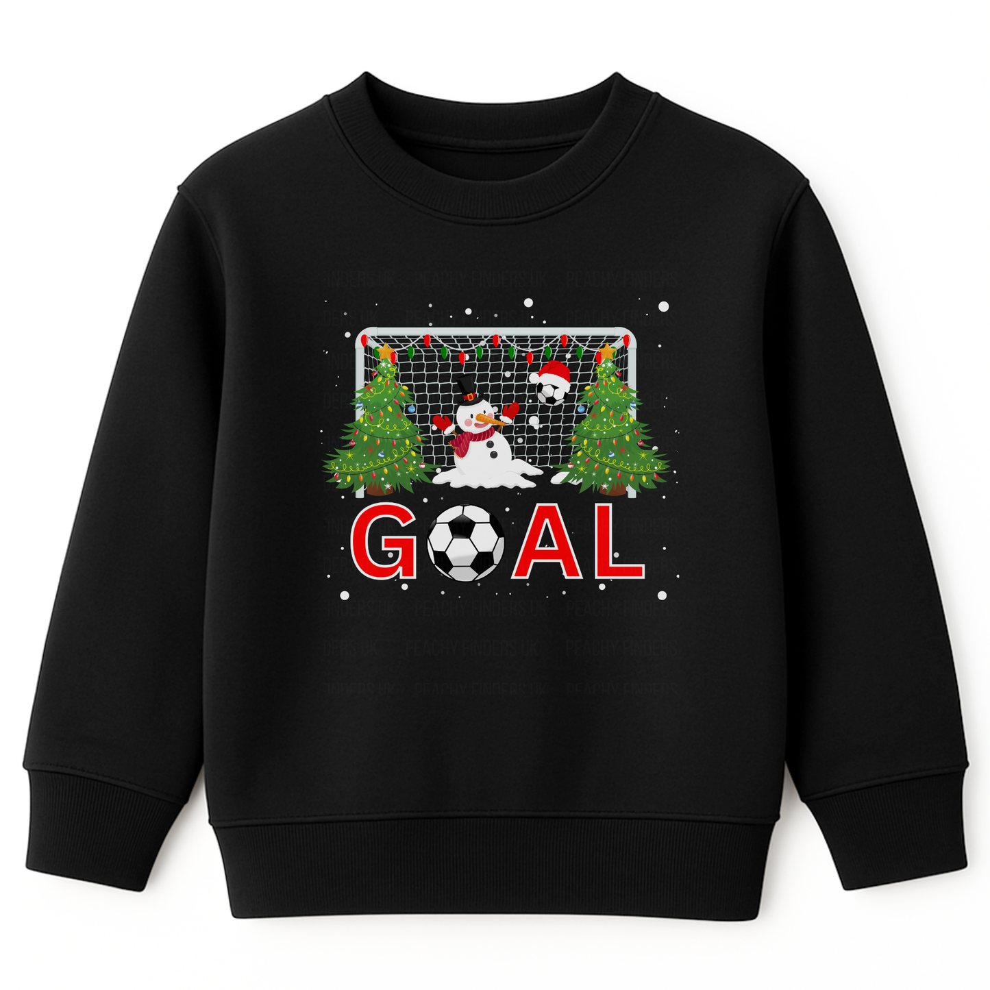 Kids black Christmas sweatshirt featuring a festive football goal scene with decorated Christmas trees, a melting snowman goalie, Santa hat, and the word “GOAL” in bold red letters with a football as the letter “O,” surrounded by falling snow.