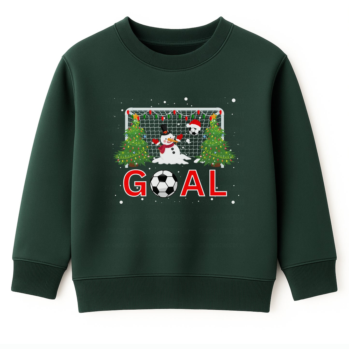 Kids dark green Christmas sweatshirt featuring a festive football goal scene with decorated Christmas trees, a melting snowman goalie, Santa hat, and the word “GOAL” in bold red letters with a football as the letter “O,” surrounded by falling snow.