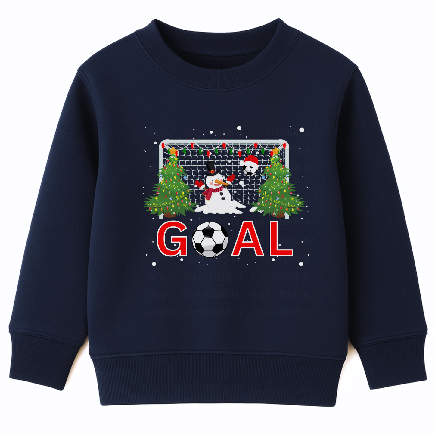 Kids navy Christmas sweatshirt featuring a festive football goal scene with decorated Christmas trees, a melting snowman goalie, Santa hat, and the word “GOAL” in bold red letters with a football as the letter “O,” surrounded by falling snow.