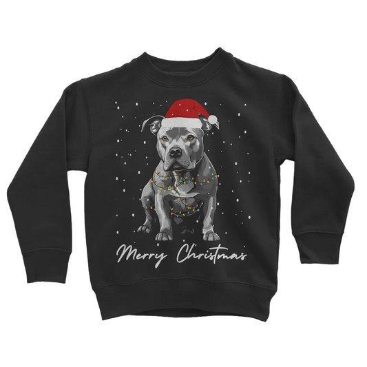 Kids black sweatshirt with a graphic of a Staffordshire Bull Terrier wearing a Santa hat and the text 'Merry Christmas'.