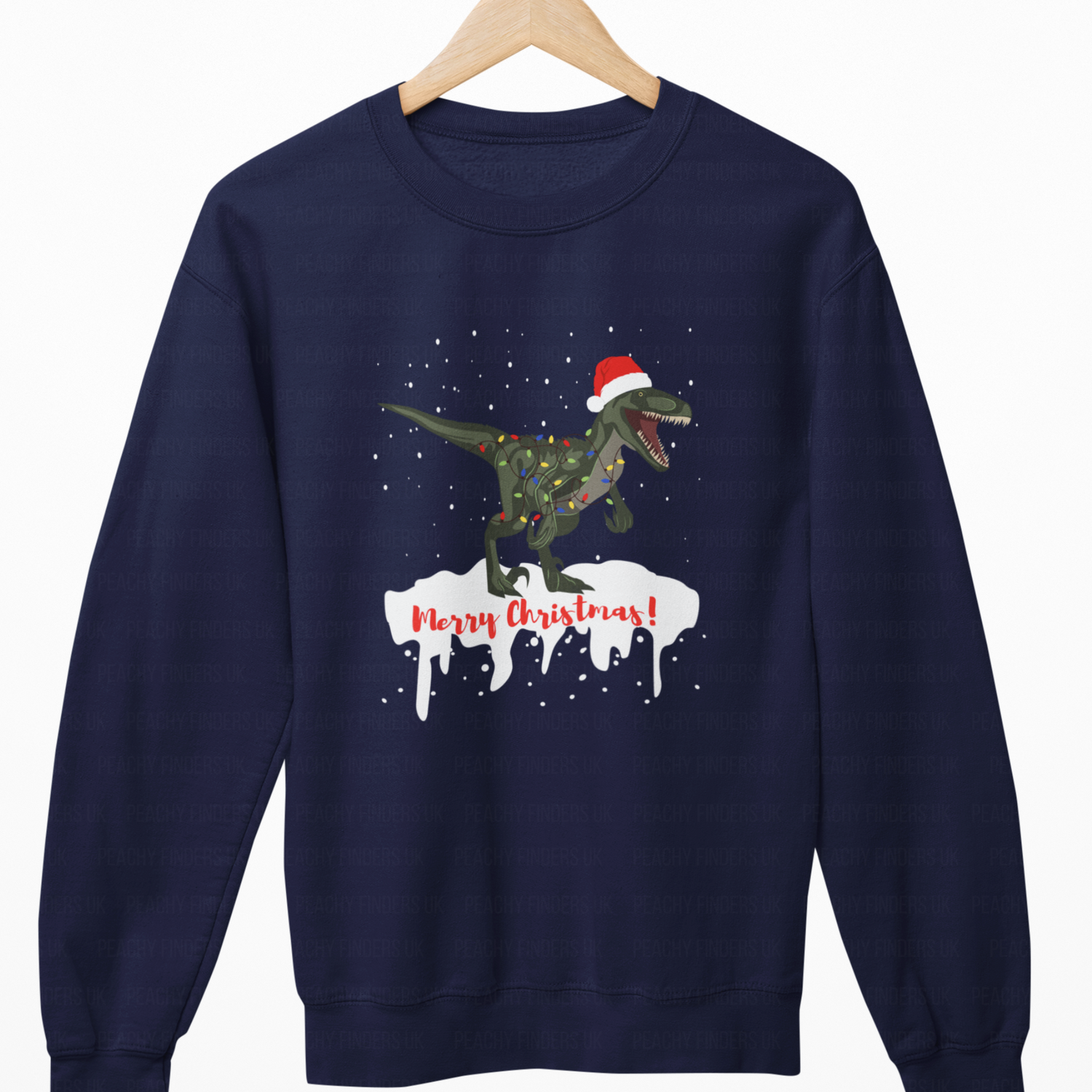 Navy blue sweatshirt with a Christmas dinosaur design on a white background