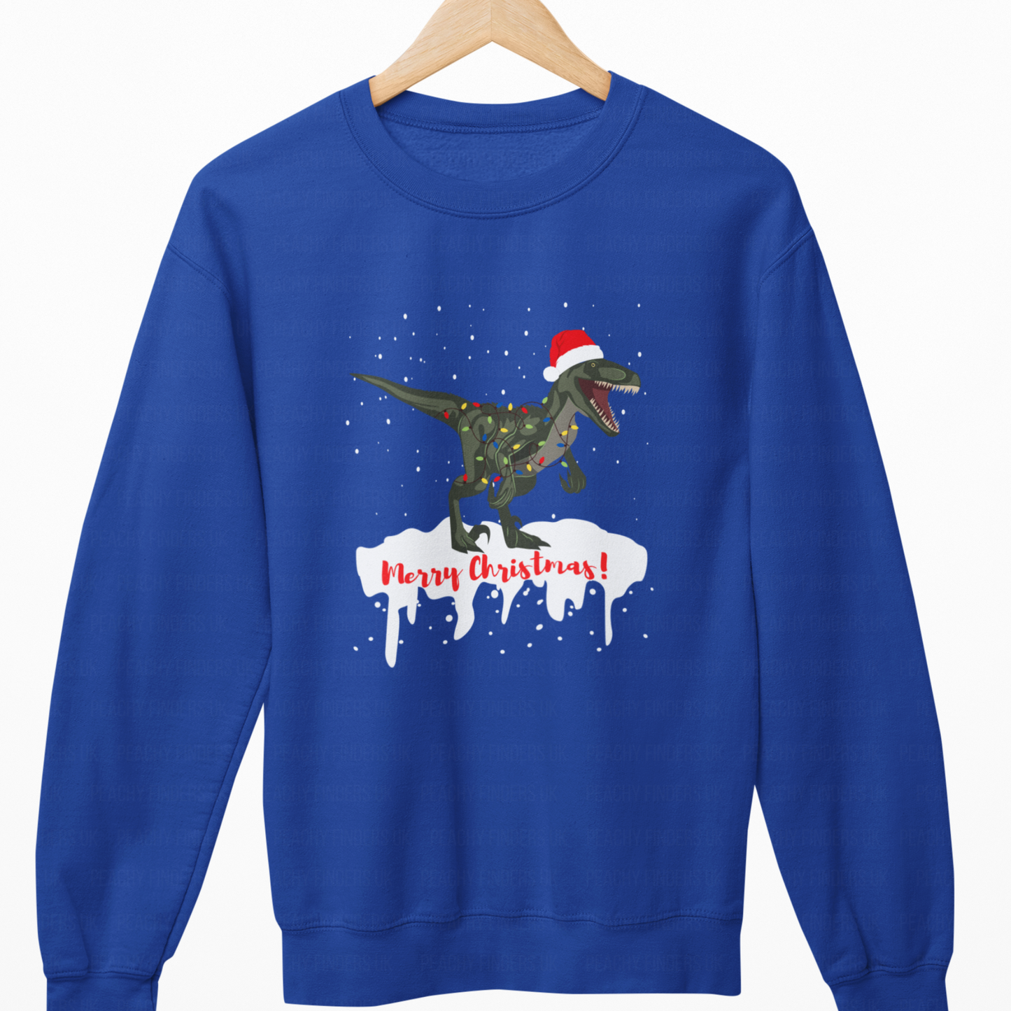 Blue sweatshirt with a Christmas-themed dinosaur graphic on a white background