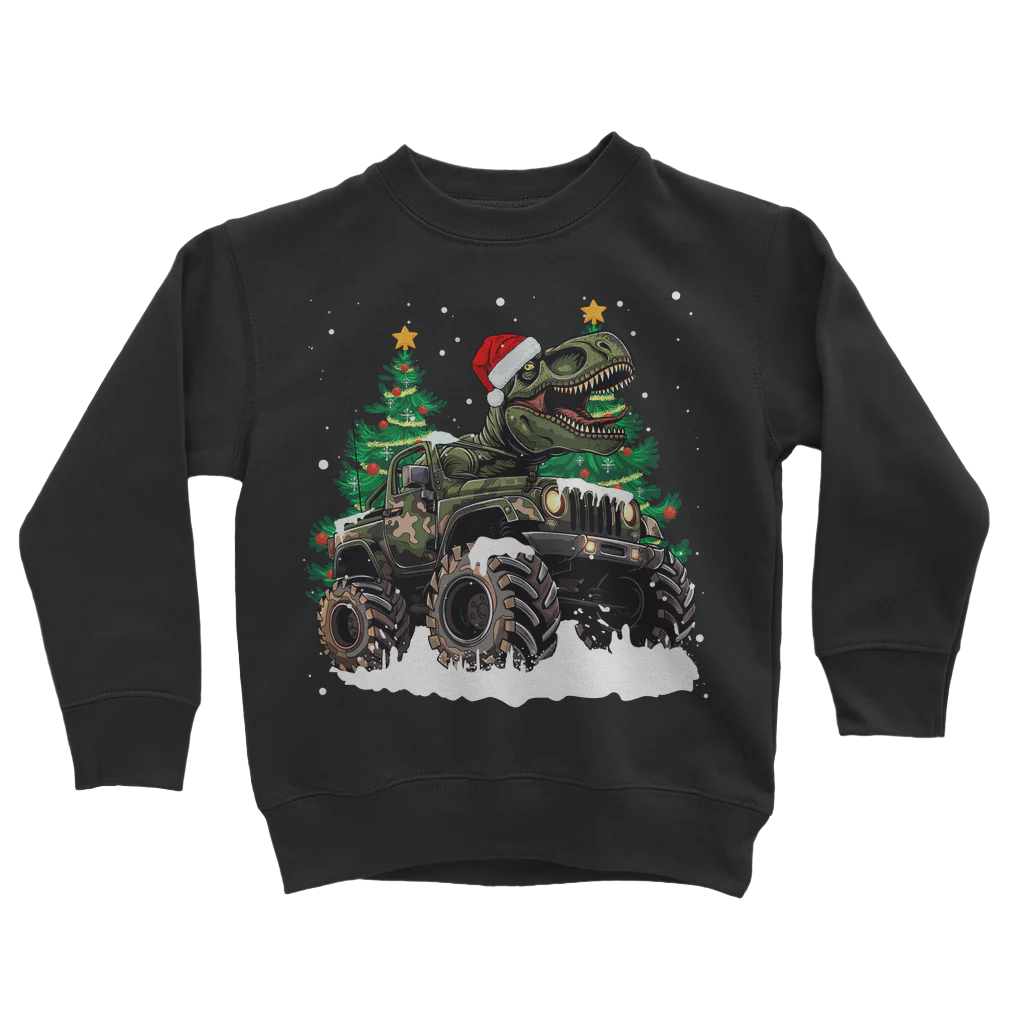 Kids T-rex Monster Truck Christmas Sweatshirt