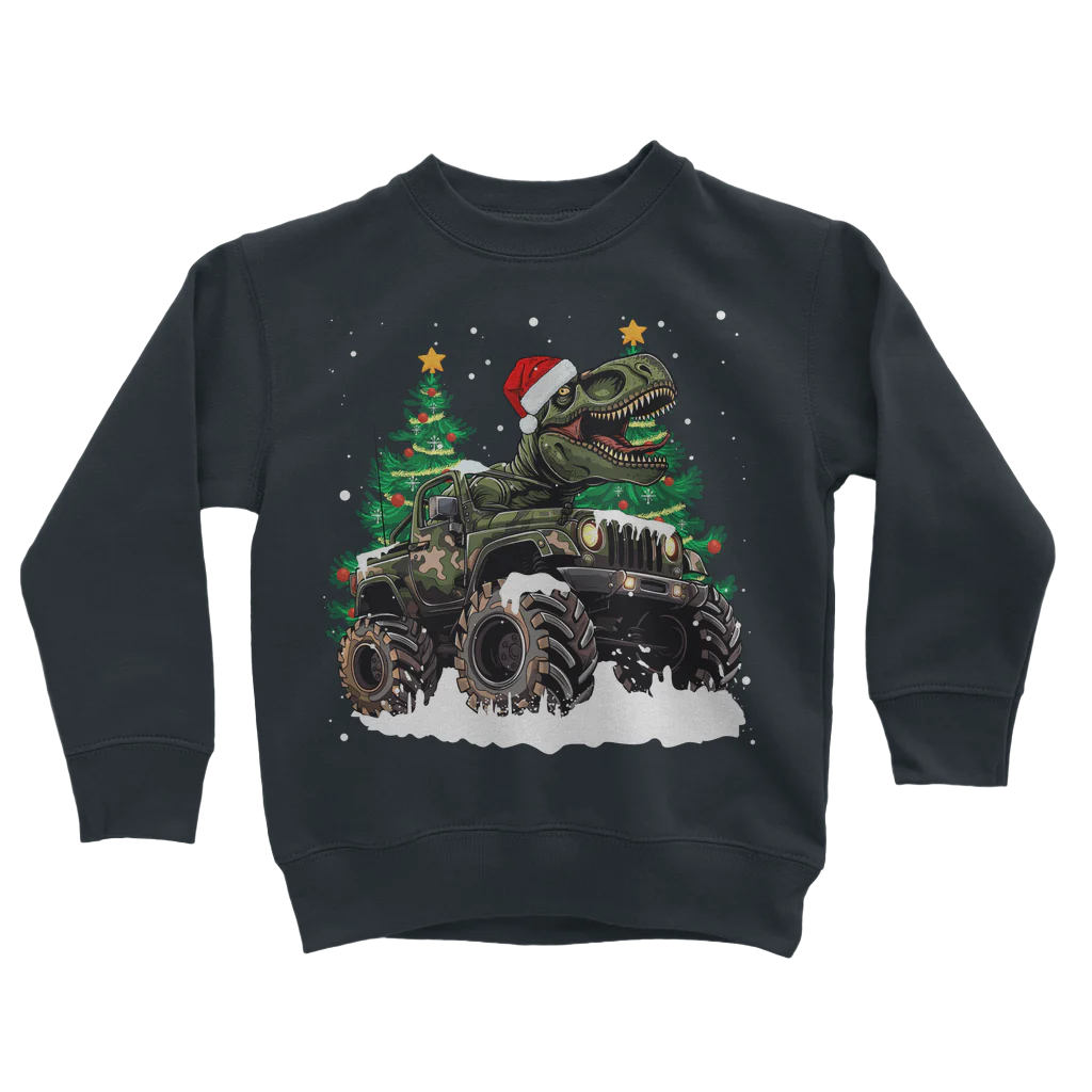 Kids T-rex Monster Truck Christmas Sweatshirt