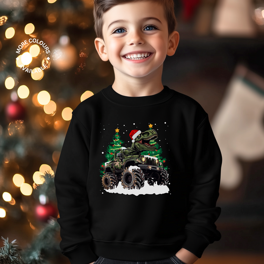 Kids T-rex Monster Truck Christmas Sweatshirt