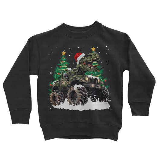 Kids black sweatshirt with a Christmas-themed design featuring a dinosaur riding a monster truck