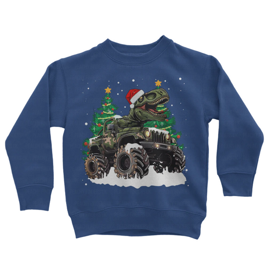 Kids royal blue sweatshirt with a Christmas-themed design featuring a dinosaur riding a monster truck