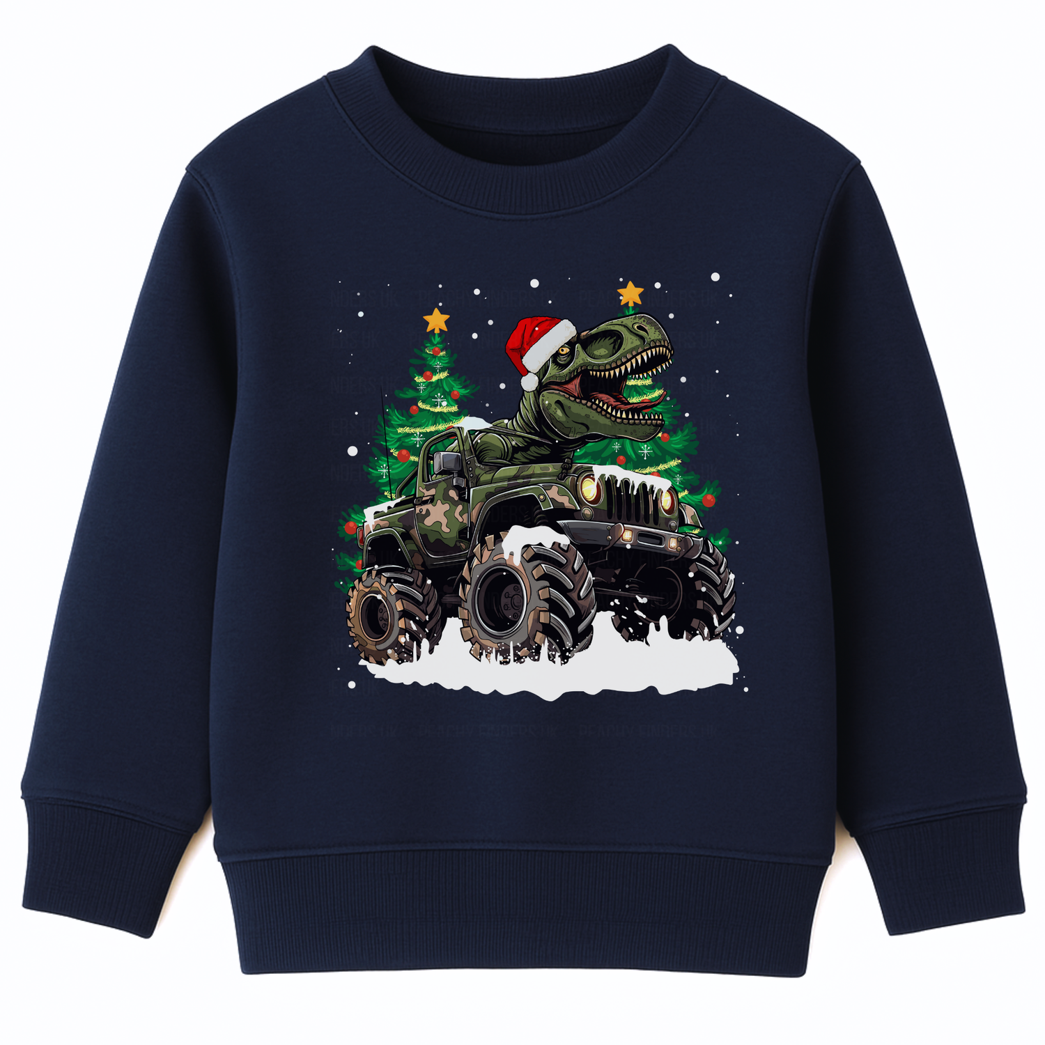 Kids navy Christmas sweatshirt featuring a T-Rex wearing a Santa hat driving a camo monster truck through snow, with decorated Christmas trees in the background.