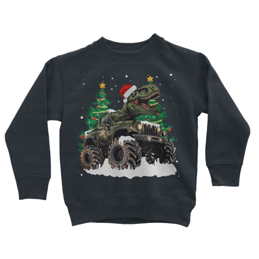 Kids navy sweatshirt with a Christmas-themed design featuring a dinosaur riding a monster truck