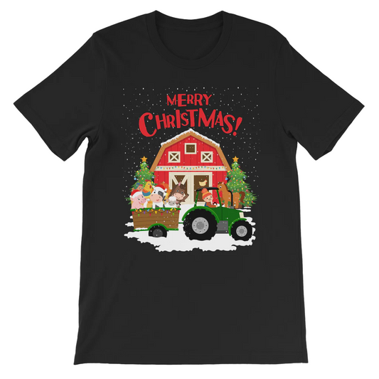 A black t-shirt with a Christmas-themed graphic print featuring farm animals in a tractor, a barn, trees, and 'Merry Christmas!' text.