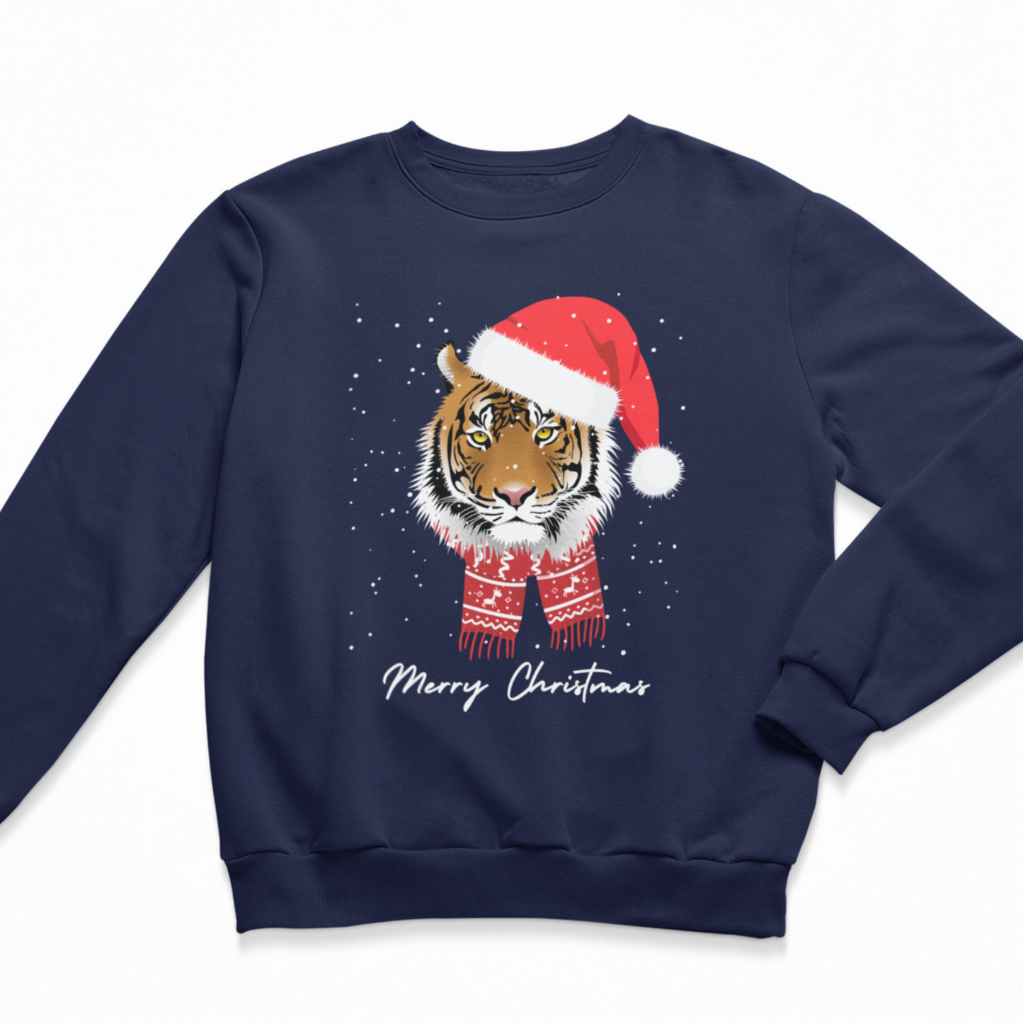 A kids navy blue crewneck sweatshirt featuring a graphic of a tiger wearing a red Santa hat and matching red patterned scarf, with 'Merry Christmas' written in white script below, on a plain white background.