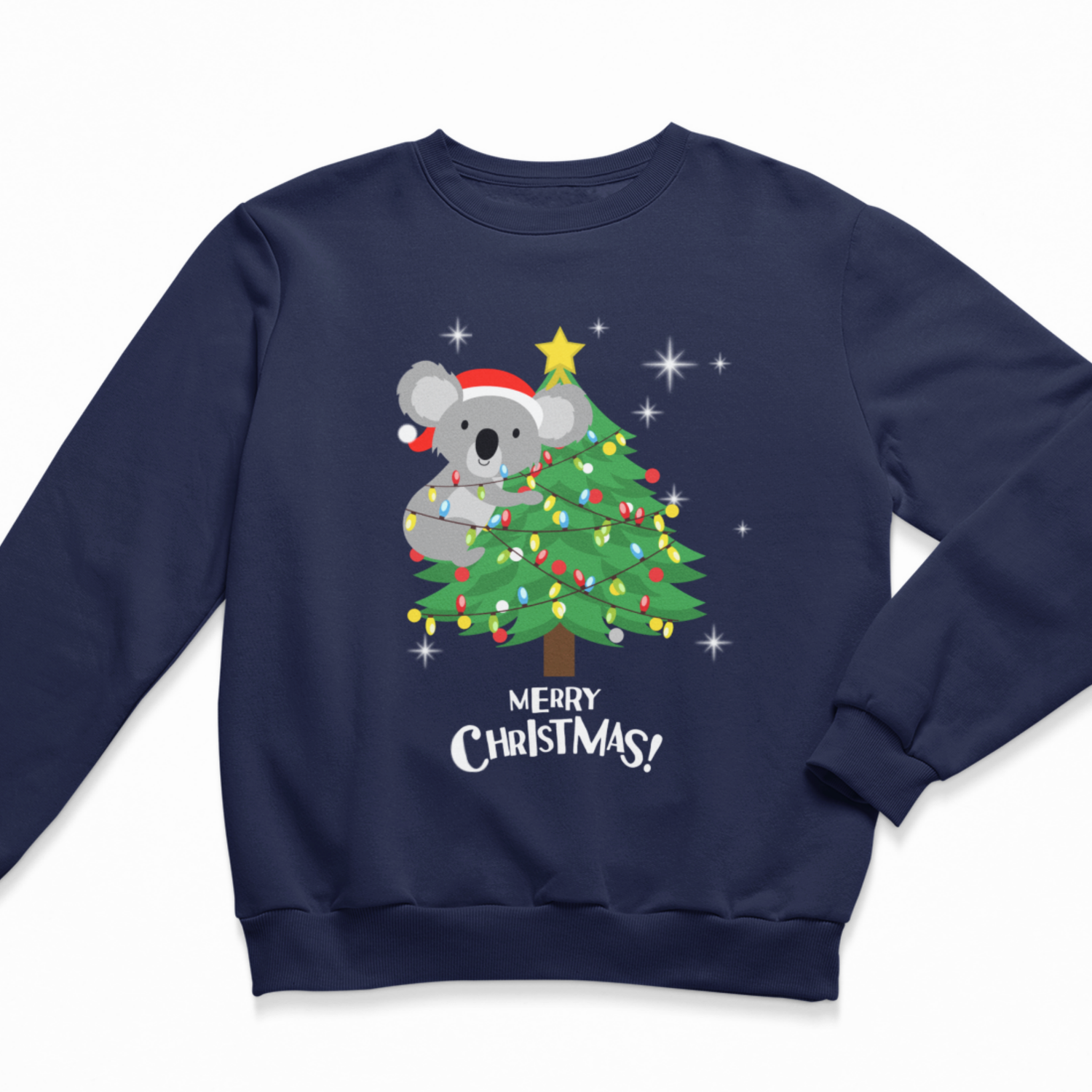 A kids navy blue crewneck sweatshirt featuring a festive Christmas graphic of a koala wearing a Santa hat and sitting on a decorated Christmas tree with the text 'MERRY CHRISTMAS!' underneath, displayed on a clean white background.