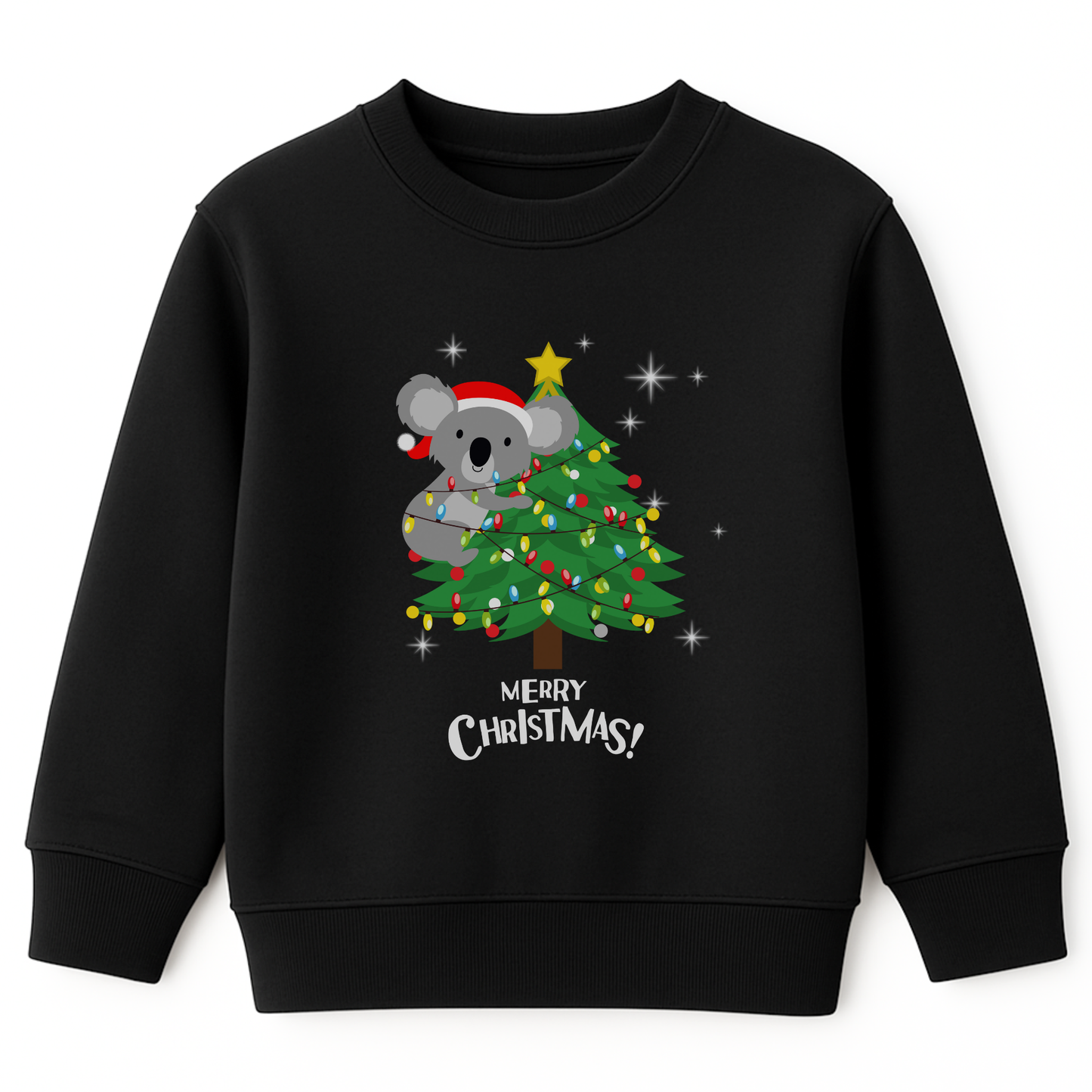 Kids black Christmas sweatshirt featuring a cute koala climbing a decorated Christmas tree with festive lights and the words “Merry Christmas.”