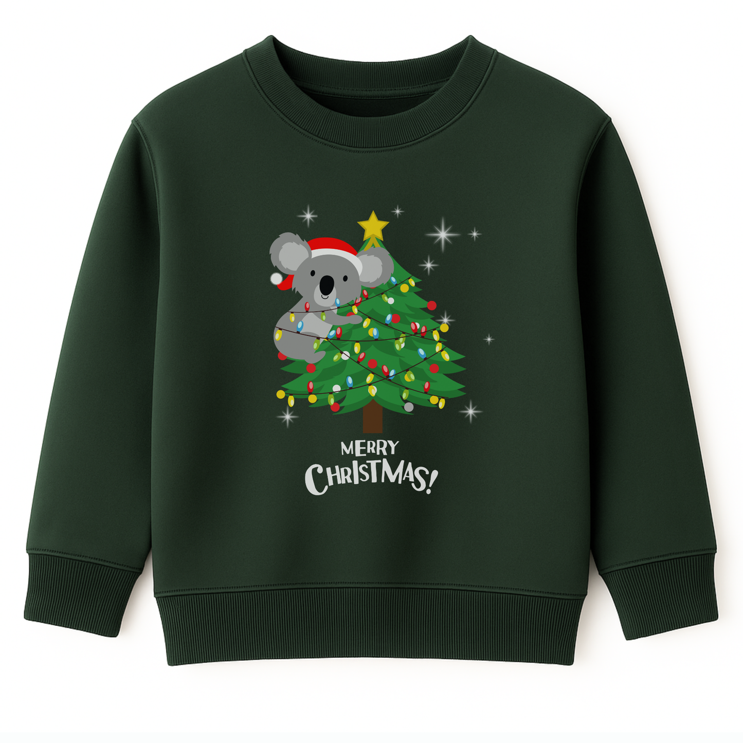 Kids dark green Christmas sweatshirt featuring a cute koala climbing a decorated Christmas tree with festive lights and the words “Merry Christmas.”
