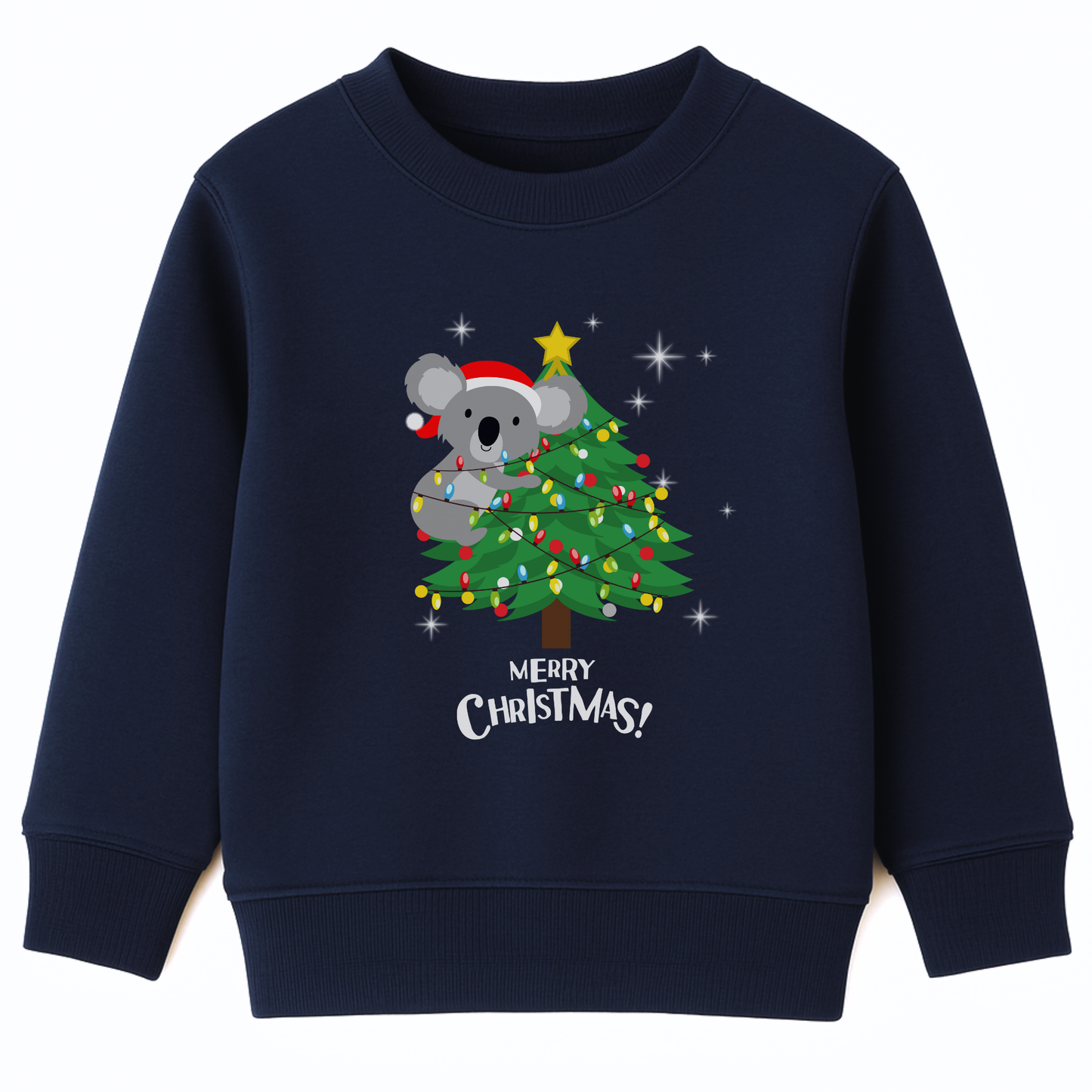 Kids navy Christmas sweatshirt featuring a cute koala climbing a decorated Christmas tree with festive lights and the words “Merry Christmas.”