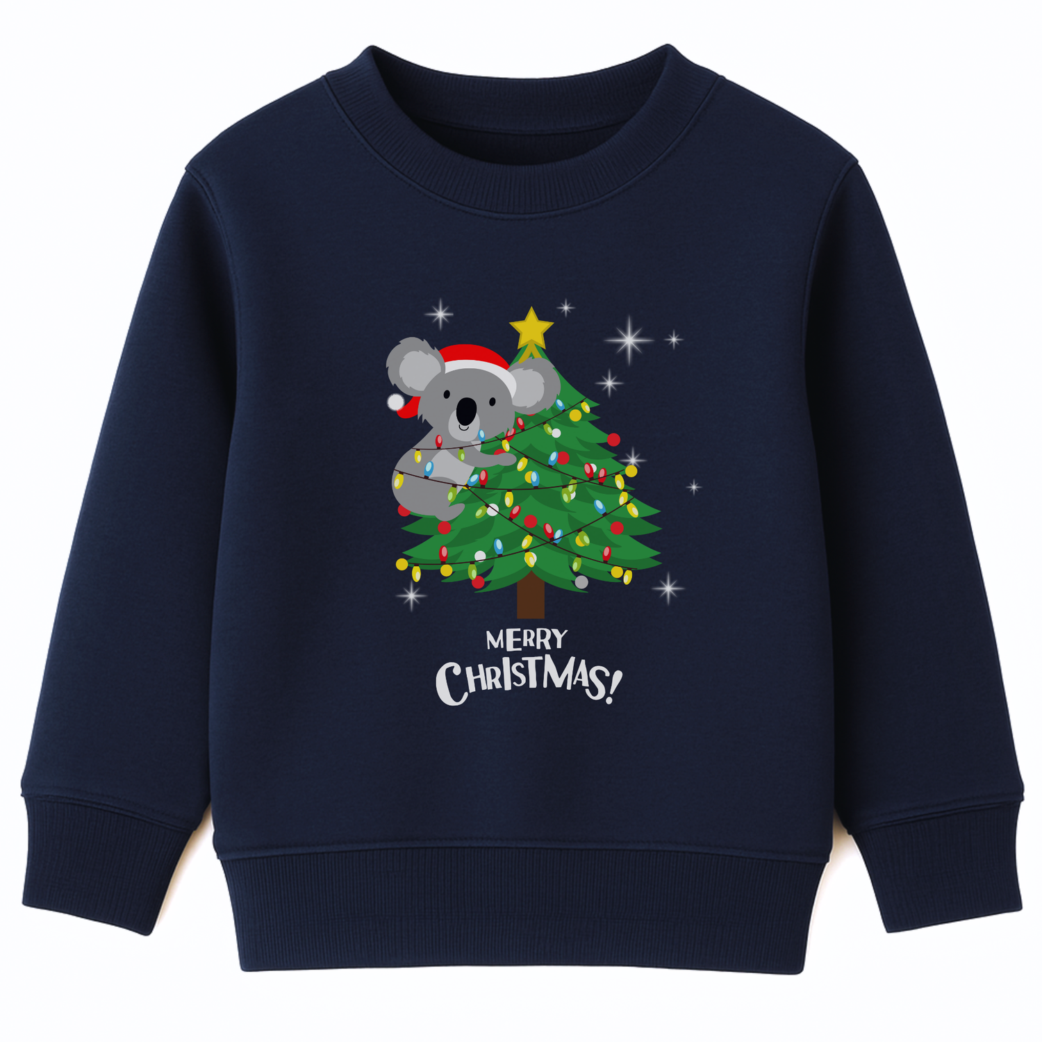 Kids navy Christmas sweatshirt featuring a cute koala climbing a decorated Christmas tree with festive lights and the words “Merry Christmas.”