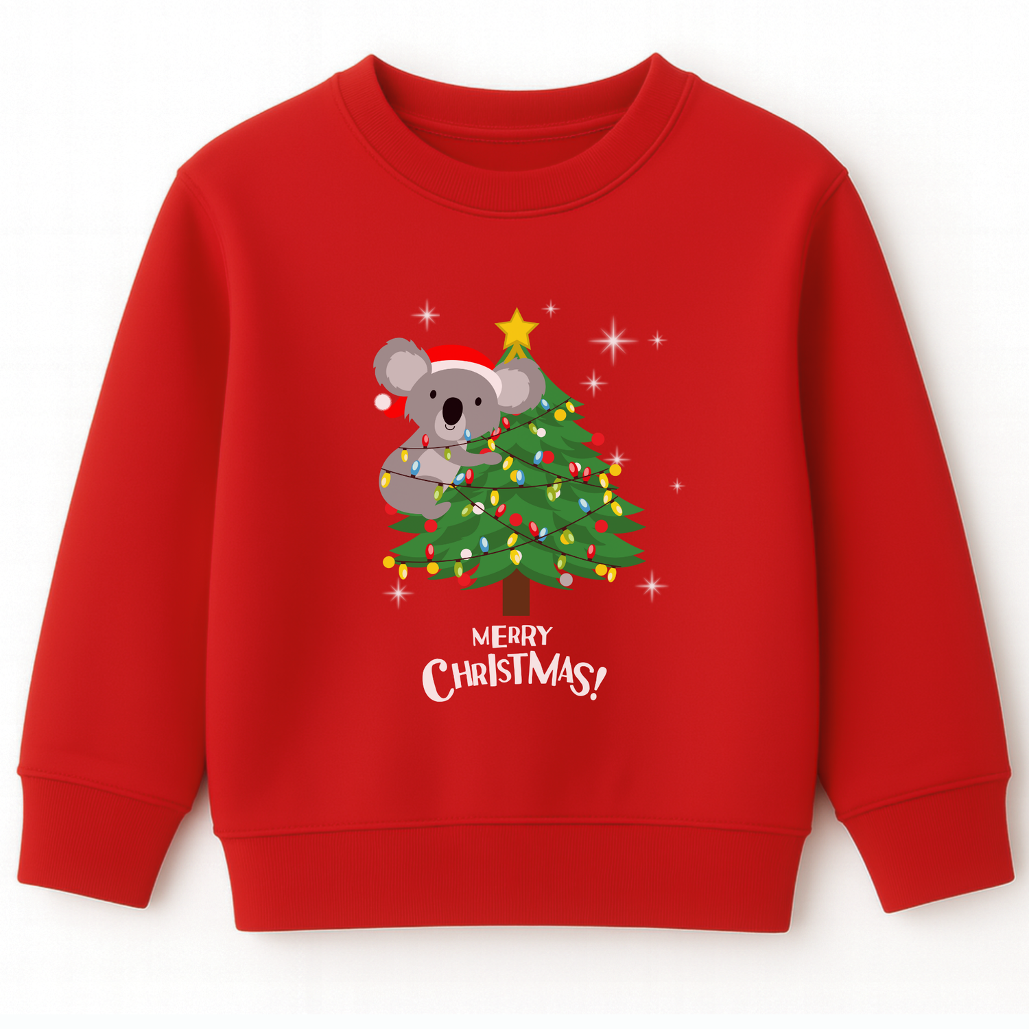 Kids red Christmas sweatshirt featuring a cute koala climbing a decorated Christmas tree with festive lights and the words “Merry Christmas.”
