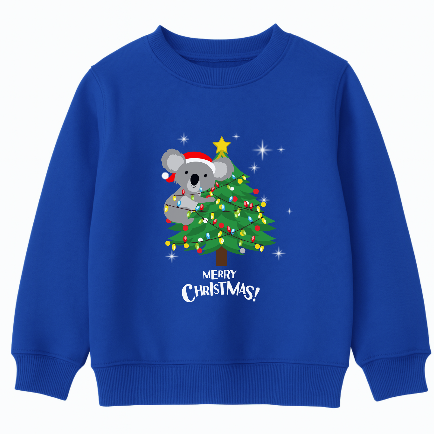 Kids royal blue Christmas sweatshirt featuring a cute koala climbing a decorated Christmas tree with festive lights and the words “Merry Christmas.”