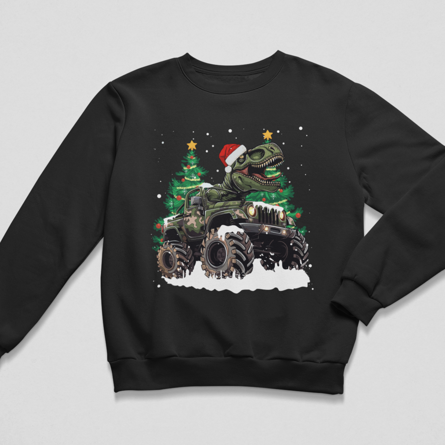 Black crewneck kids Christmas sweatshirt featuring a T-Rex in a Santa hat driving a monster truck through snow with decorated Christmas trees behind.