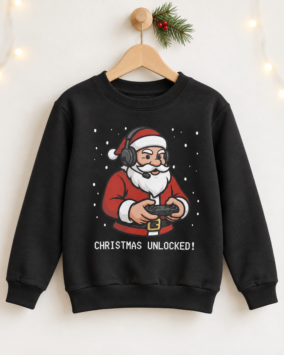 Black kids Christmas Unlocked gaming Santa jumper displayed on a wooden hanger with a festive pine sprig.