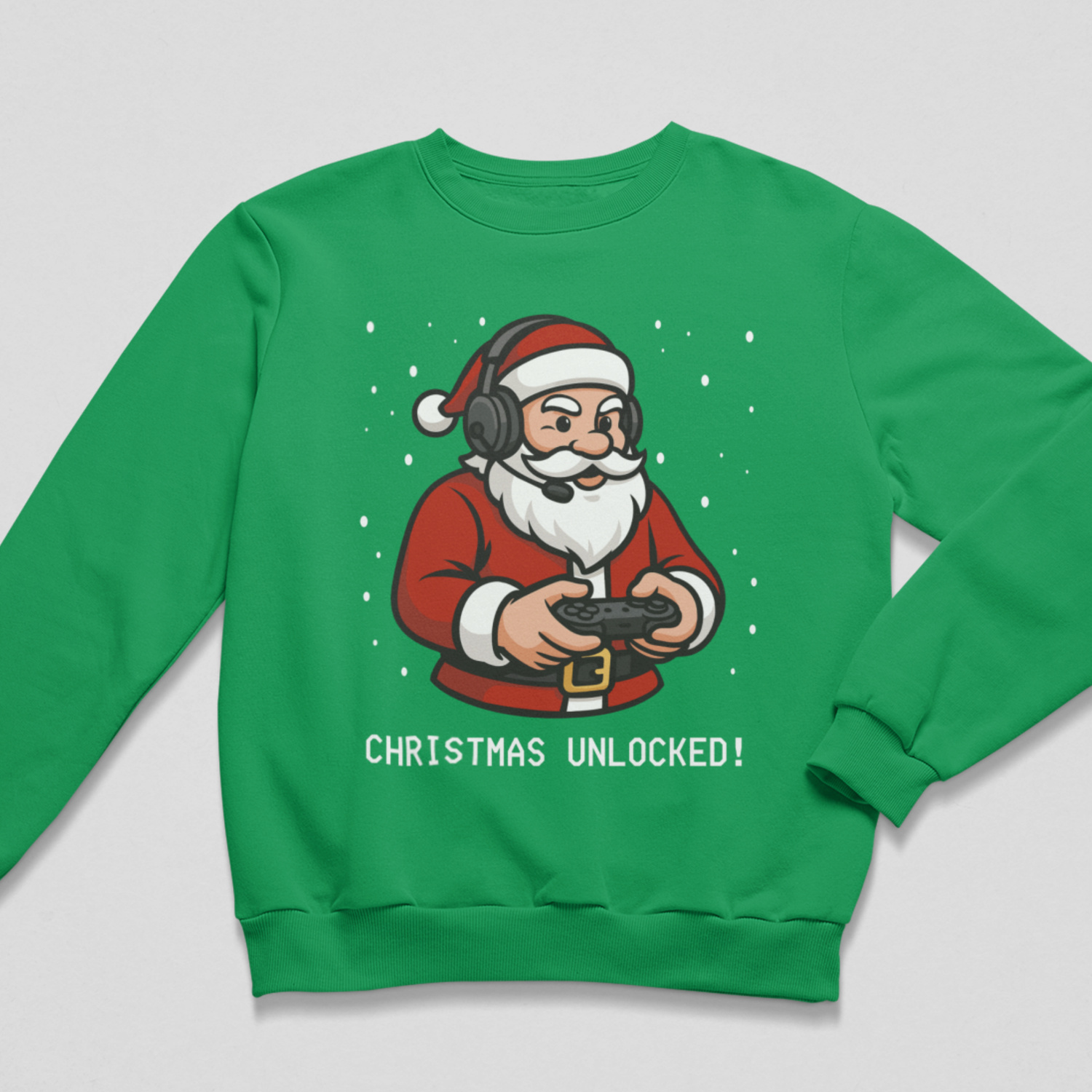 Kelly green kids Christmas jumper with a gaming Santa and Christmas Unlocked slogan.