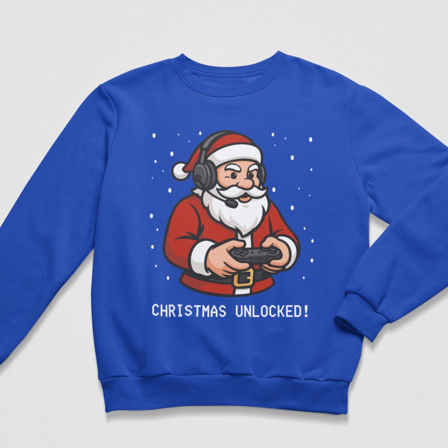Royal blue kids Christmas Unlocked jumper featuring Santa playing with a game controller.