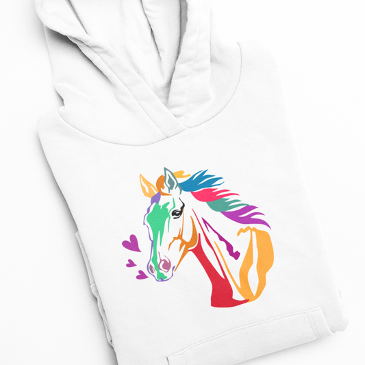 Colourful Horse and Hearts - Girls Pullover Hoodie | 3 - 13 years