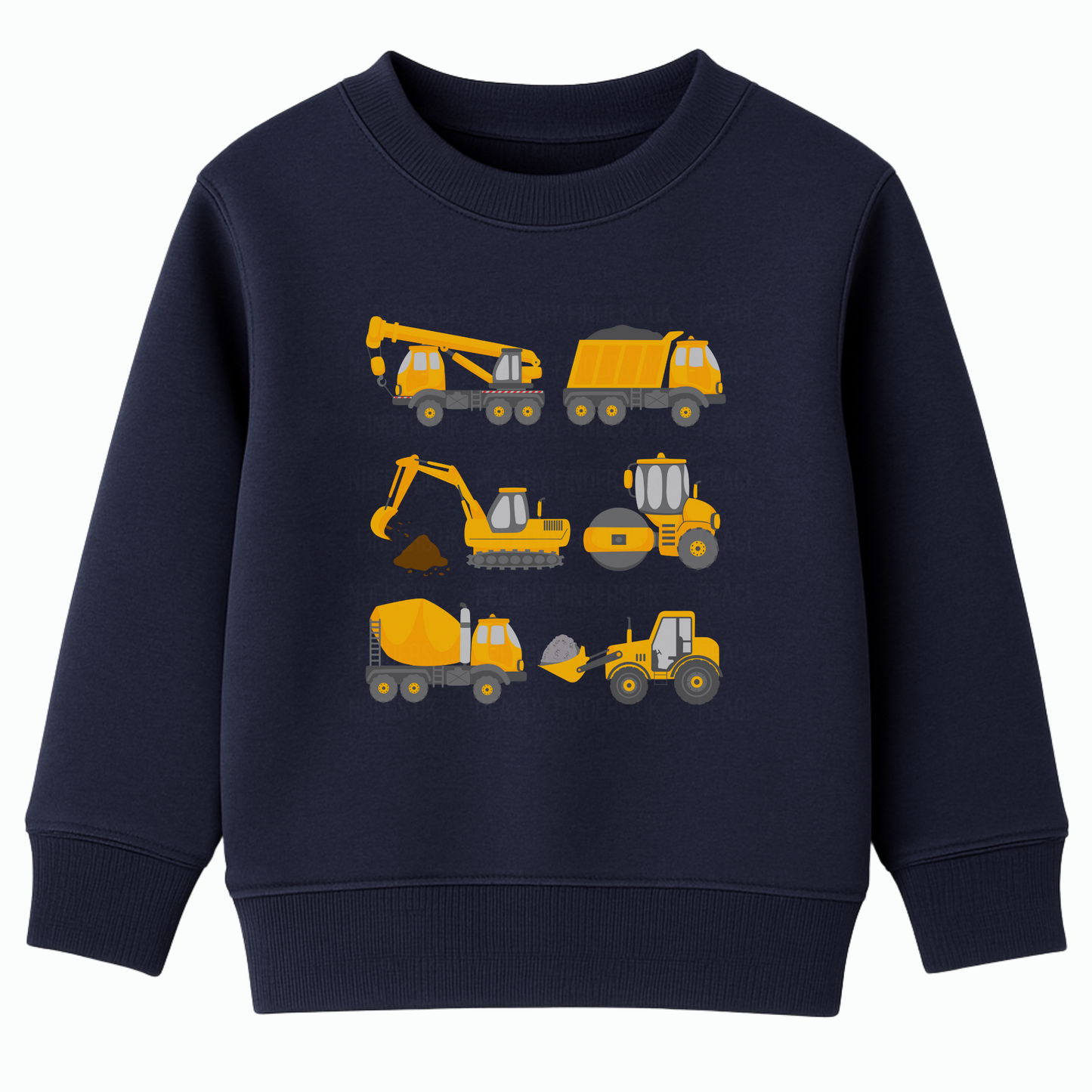 Kids navy blue sweatshirt with yellow construction vehicle graphics on a white background