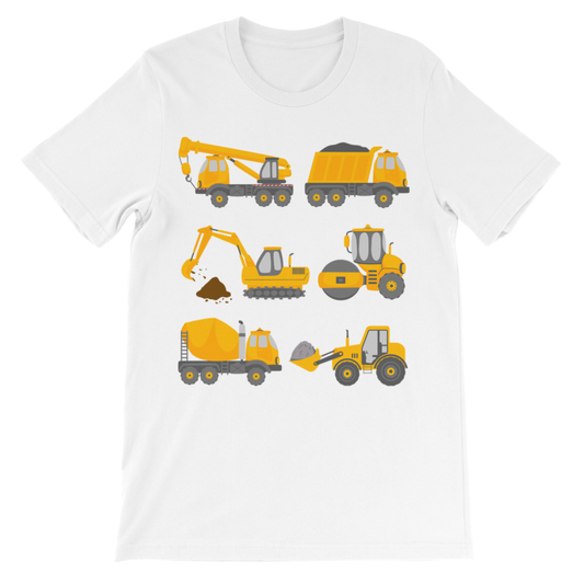 Kids white T-shirt with colourful construction truck graphic, soft cotton short sleeve tee.