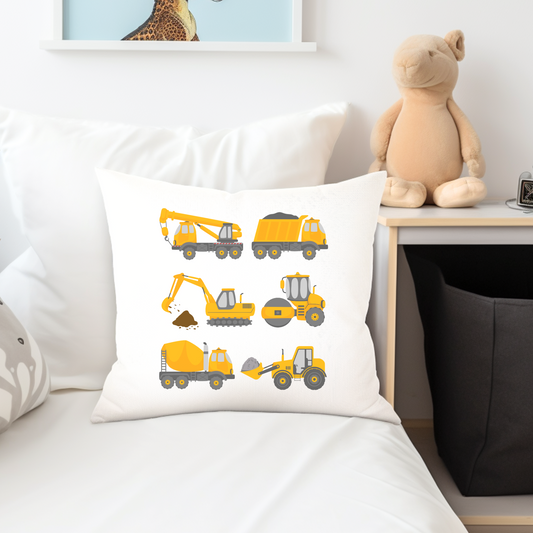 white cushion on a kids bed featuring six yellow construction vehicles (mobile crane, dump truck, excavator, road roller, cement mixer truck, front-end loader)