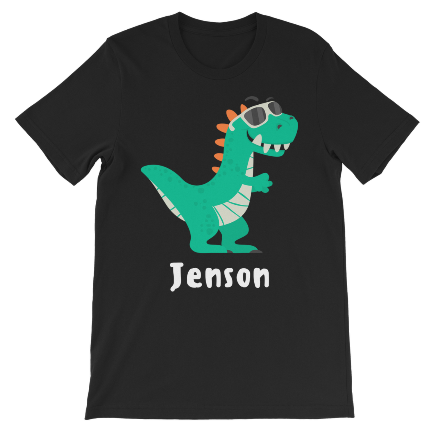 Kids black cotton t-shirt with a green dinosaur in sunglasses and the personalised name Jenson printed underneath.