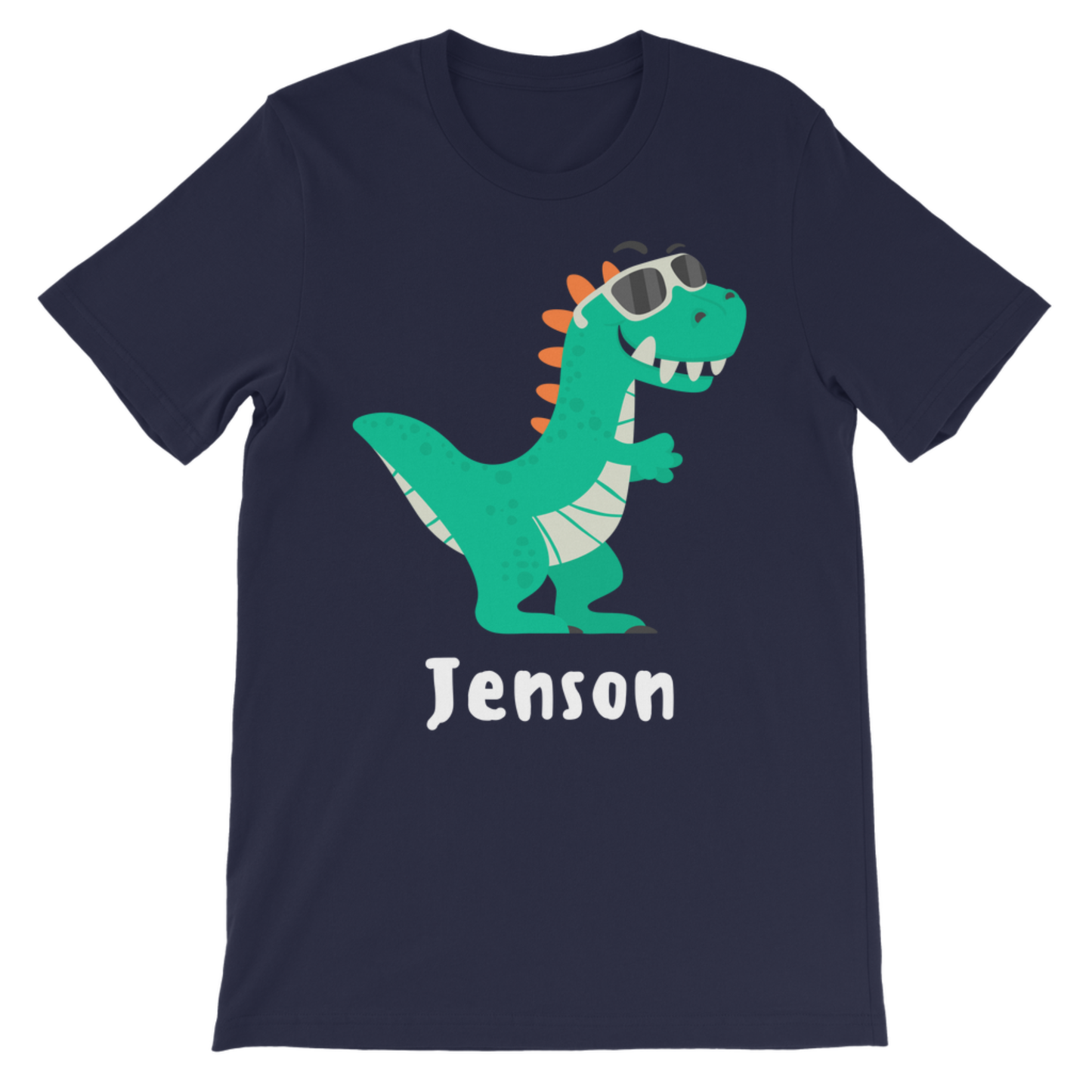 Kids navy cotton t-shirt with a green dinosaur in sunglasses and the personalised name Jenson printed underneath.