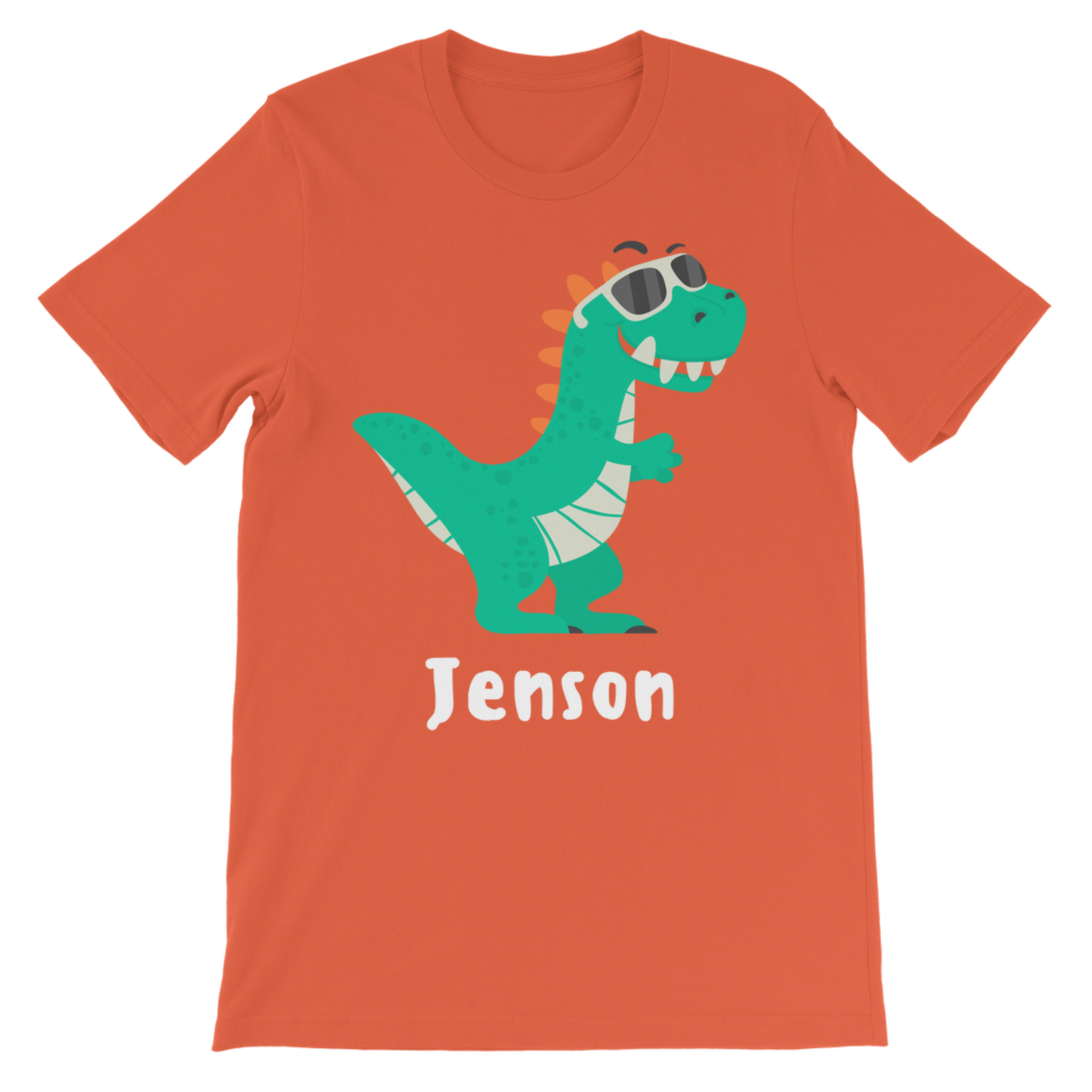 Kids orange cotton t-shirt with a green dinosaur in sunglasses and the personalised name Jenson printed underneath.