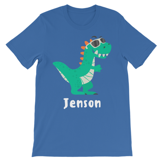 Kids royal blue cotton t-shirt with a green dinosaur in sunglasses and the personalised name Jenson printed underneath.