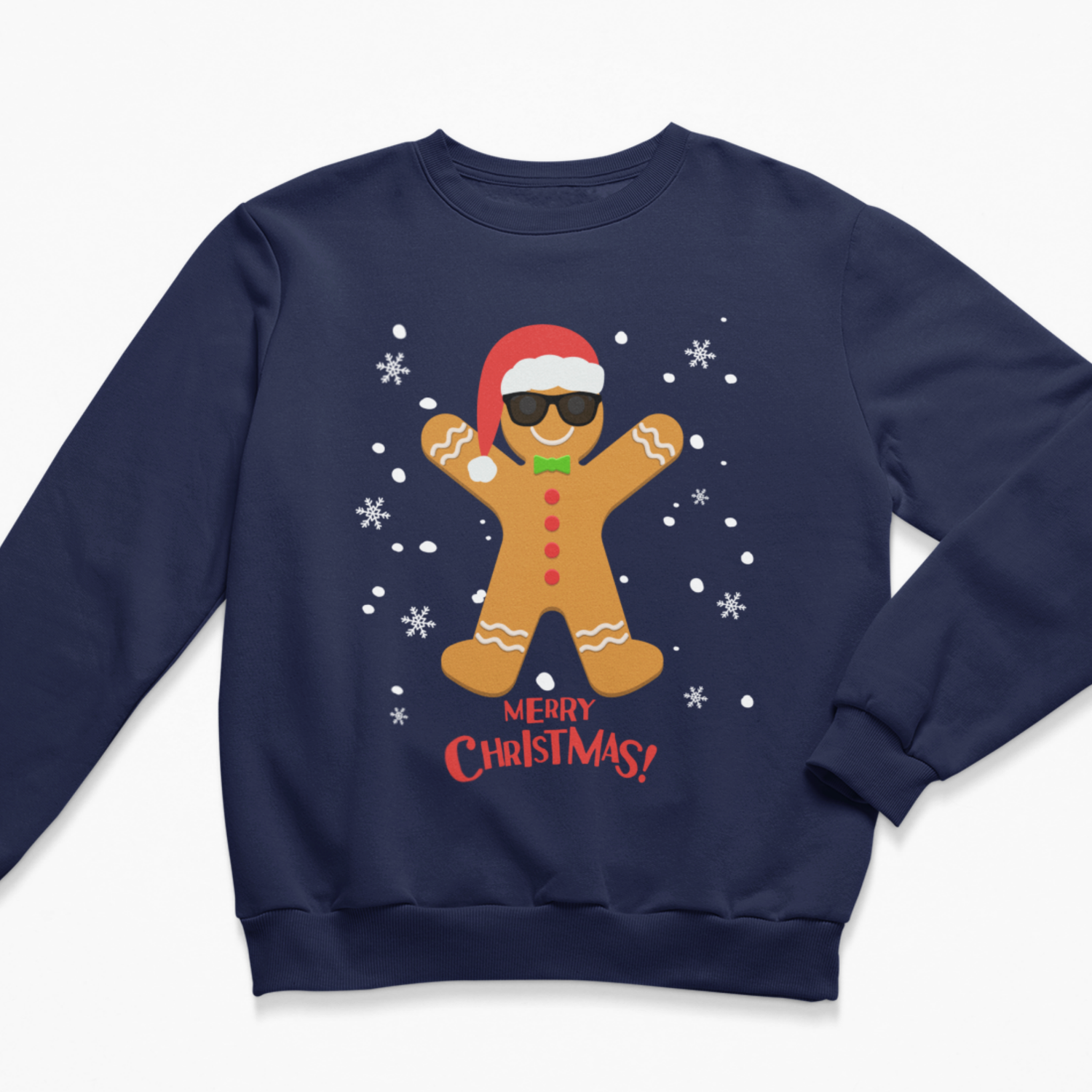 A kids navy blue crewneck sweatshirt featuring a festive graphic of a gingerbread man wearing a Santa hat and sunglasses, surrounded by white snowflakes and the text 'MERRY CHRISTMAS!' in red.