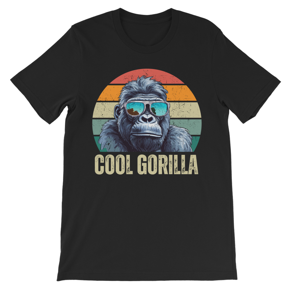 Kids black t-shirt featuring a cool gorilla in blue reflective sunglasses against a retro sunset background. Below the gorilla, the text 'COOL GORILLA' is printed. 