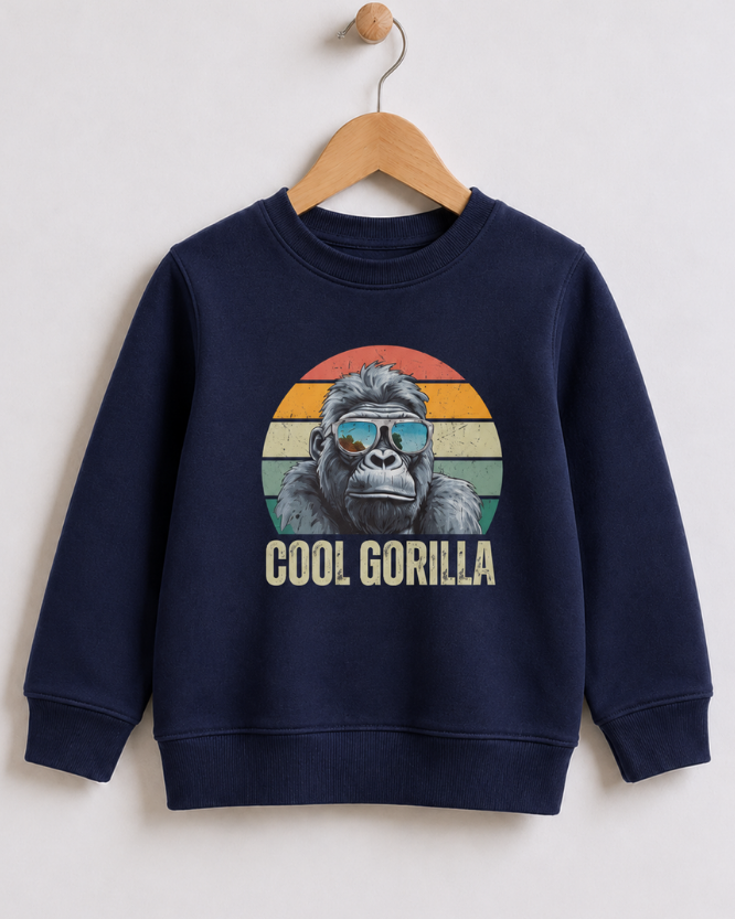 A kids navy blue crewneck sweatshirt hanging on a wooden hanger against a light grey wall. The sweatshirt features a graphic of a gorilla wearing blue-tinted sunglasses, set against a retro sunset circle, with the text 'COOL GORILLA' printed below.