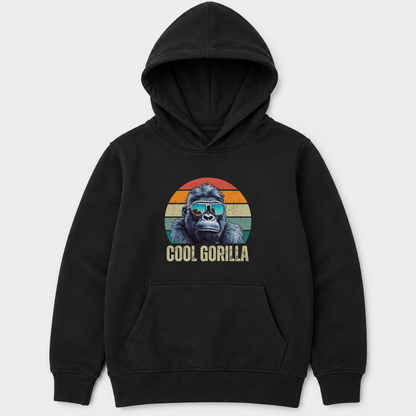 A kids black pullover hoodie with a front kangaroo pocket and a graphic of a gorilla wearing sunglasses inside a retro sunset circle, with the text 'COOL GORILLA' below, shown on a light grey background.