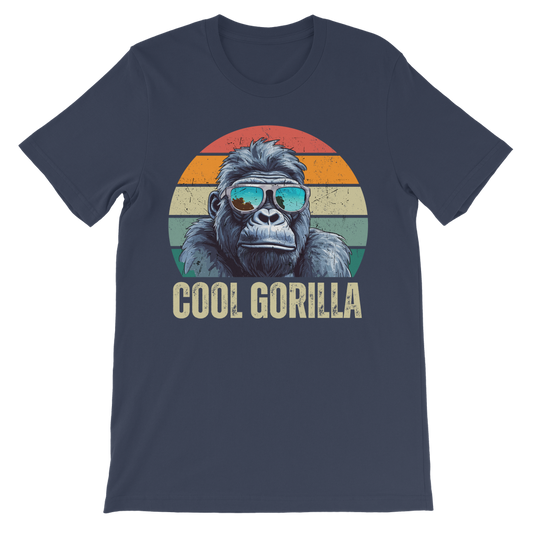 Kids navy t-shirt featuring a cool gorilla in blue reflective sunglasses against a retro sunset background. Below the gorilla, the text 'COOL GORILLA' is printed. 