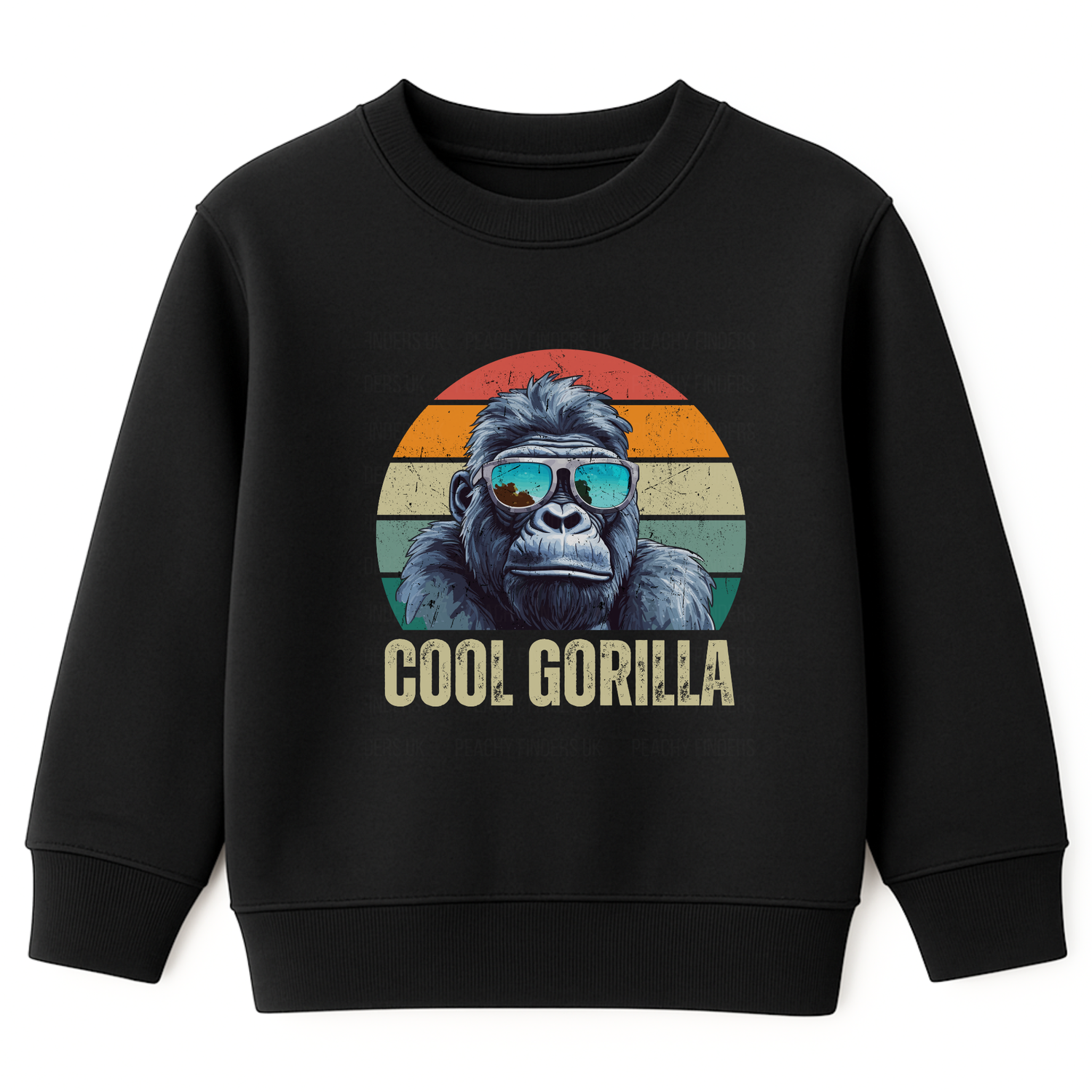 Kids black sweatshirt featuring a circular graphic of a cool gorilla wearing blue reflective sunglasses. The background is a retro sunset with orange, yellow, and green stripes. Below the gorilla, the text 'COOL GORILLA' is printed."
