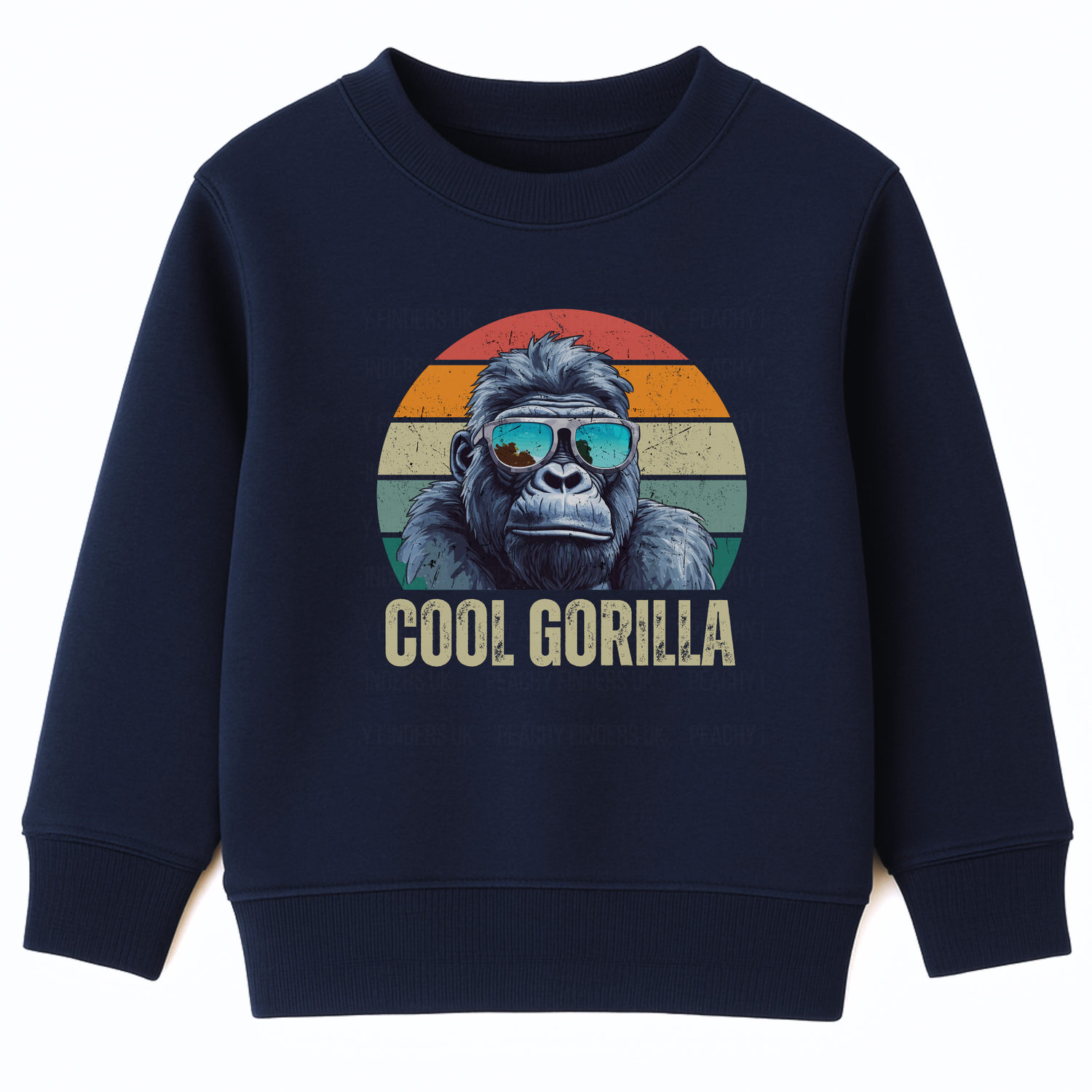 Kids navy sweatshirt featuring a circular graphic of a cool gorilla wearing blue reflective sunglasses. The background is a retro sunset with orange, yellow, and green stripes. Below the gorilla, the text 'COOL GORILLA' is printed."