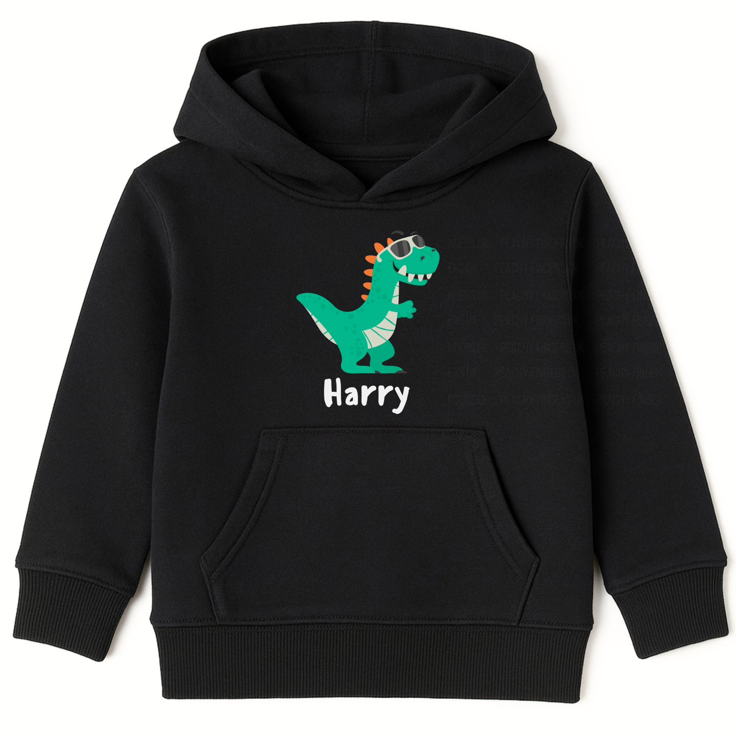 Kids black hoodie with green dinosaur wearing sunglasses and the personalised name Harry printed underneath.