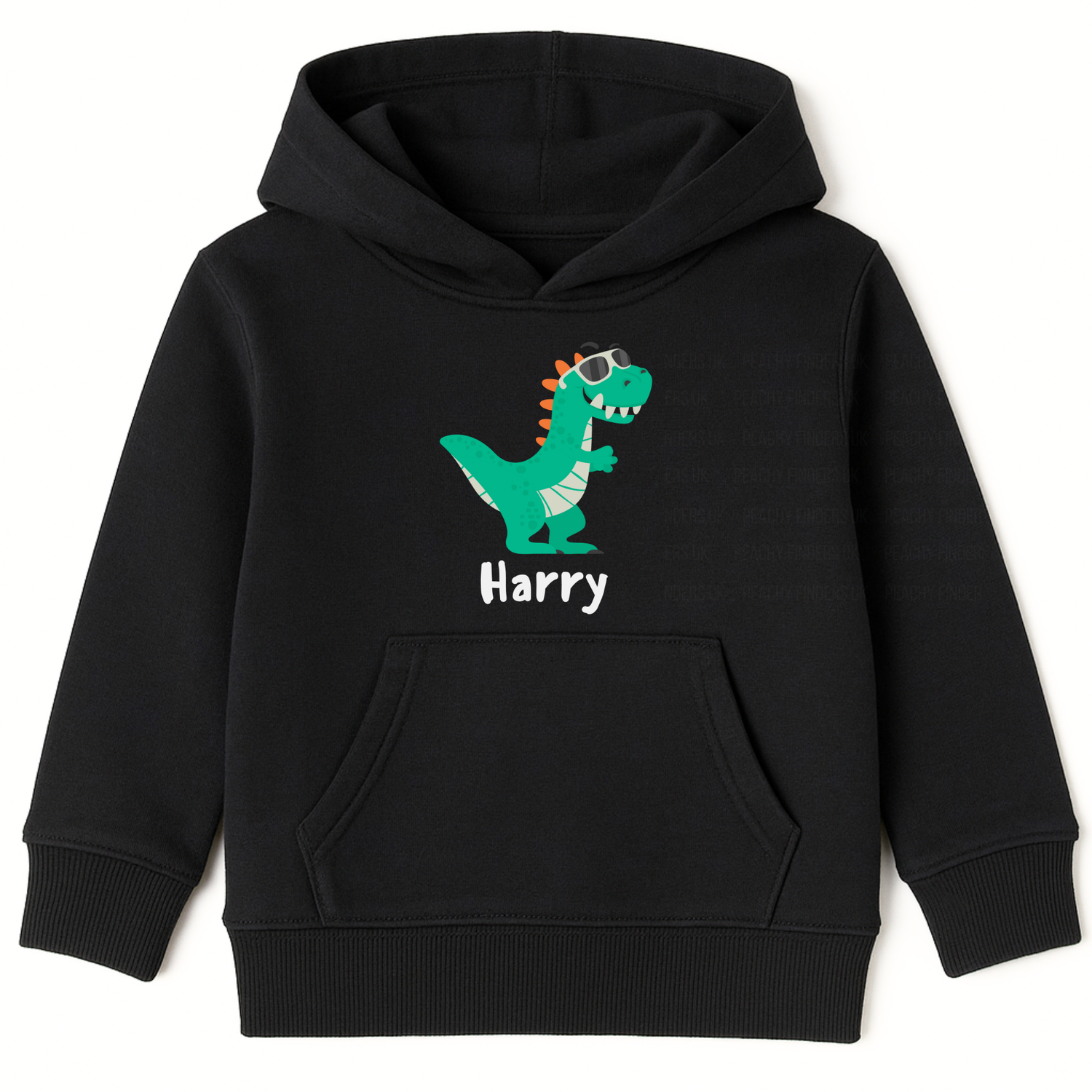 Kids black hoodie with green dinosaur wearing sunglasses and the personalised name Harry printed underneath.