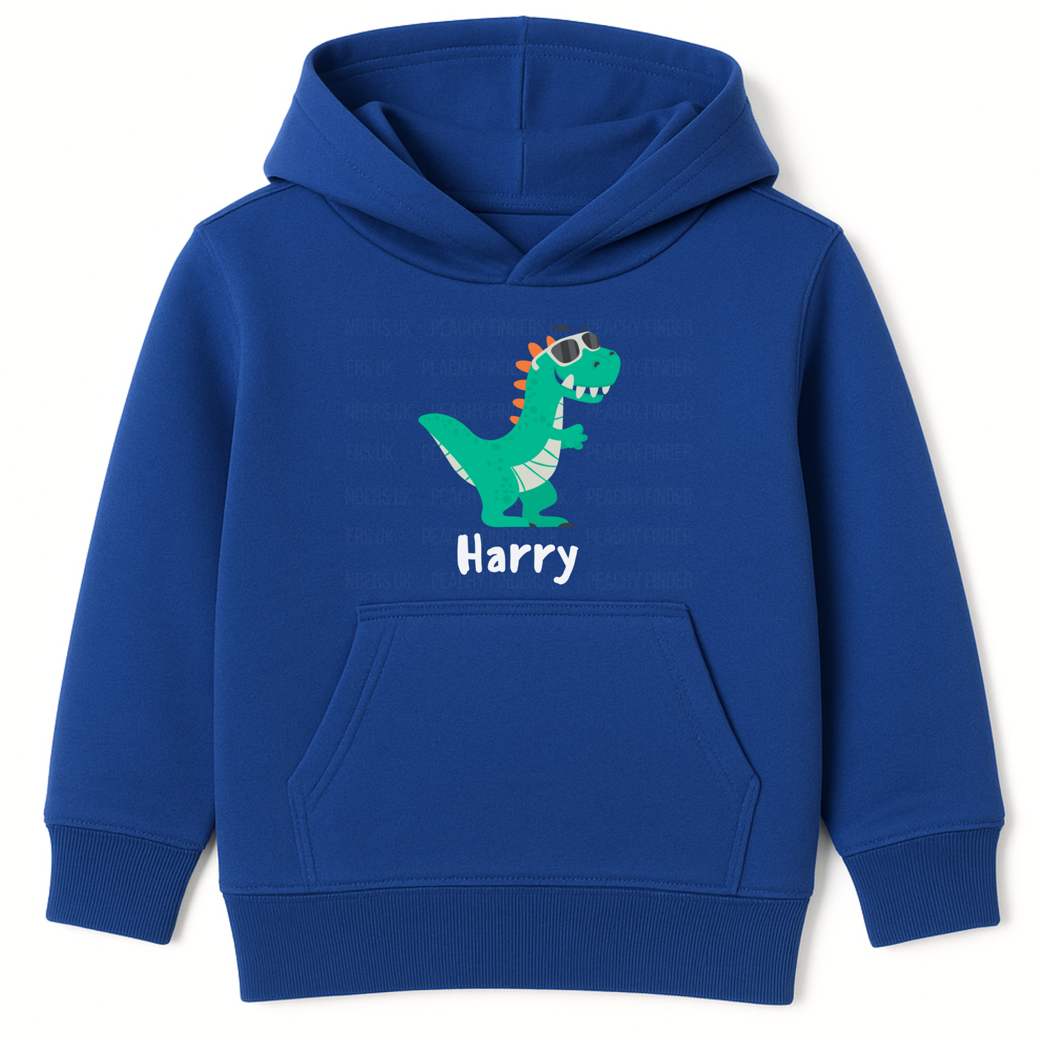Royal blue kids hoodie with green dinosaur wearing sunglasses and the personalised name Harry printed underneath.