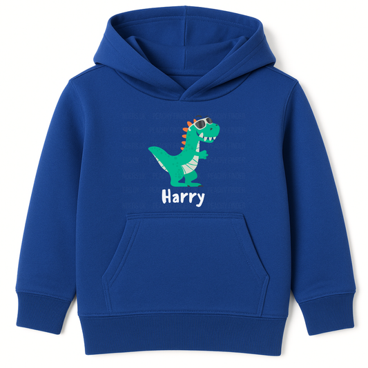 Royal blue kids hoodie with green dinosaur wearing sunglasses and the personalised name Harry printed underneath.